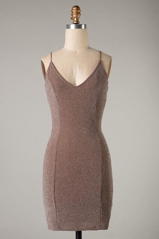 Rachel Rose gold Knit V- Neck Bodycon Mini Dress M / Rose gold / 83% NYLON13%LUREX4%SPANDEX