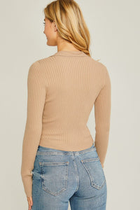 Genna Khaki Ribbed Collared Sweater Top