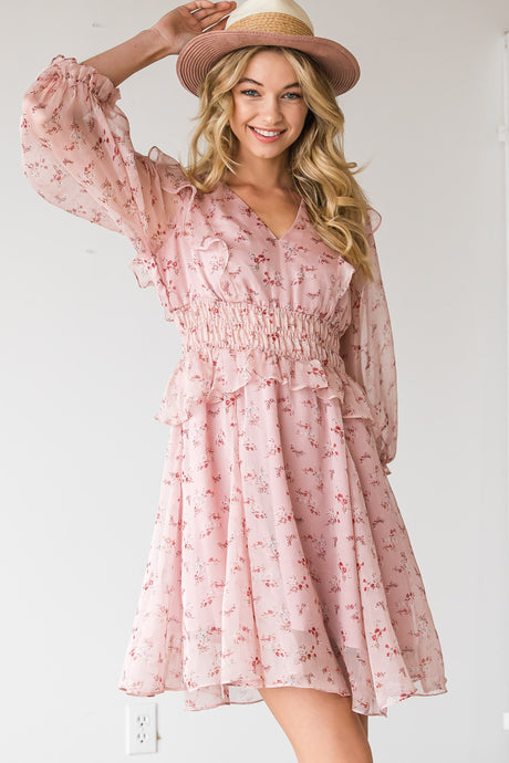 Melody Pink Floral 3/4 Sleeve Short Dress