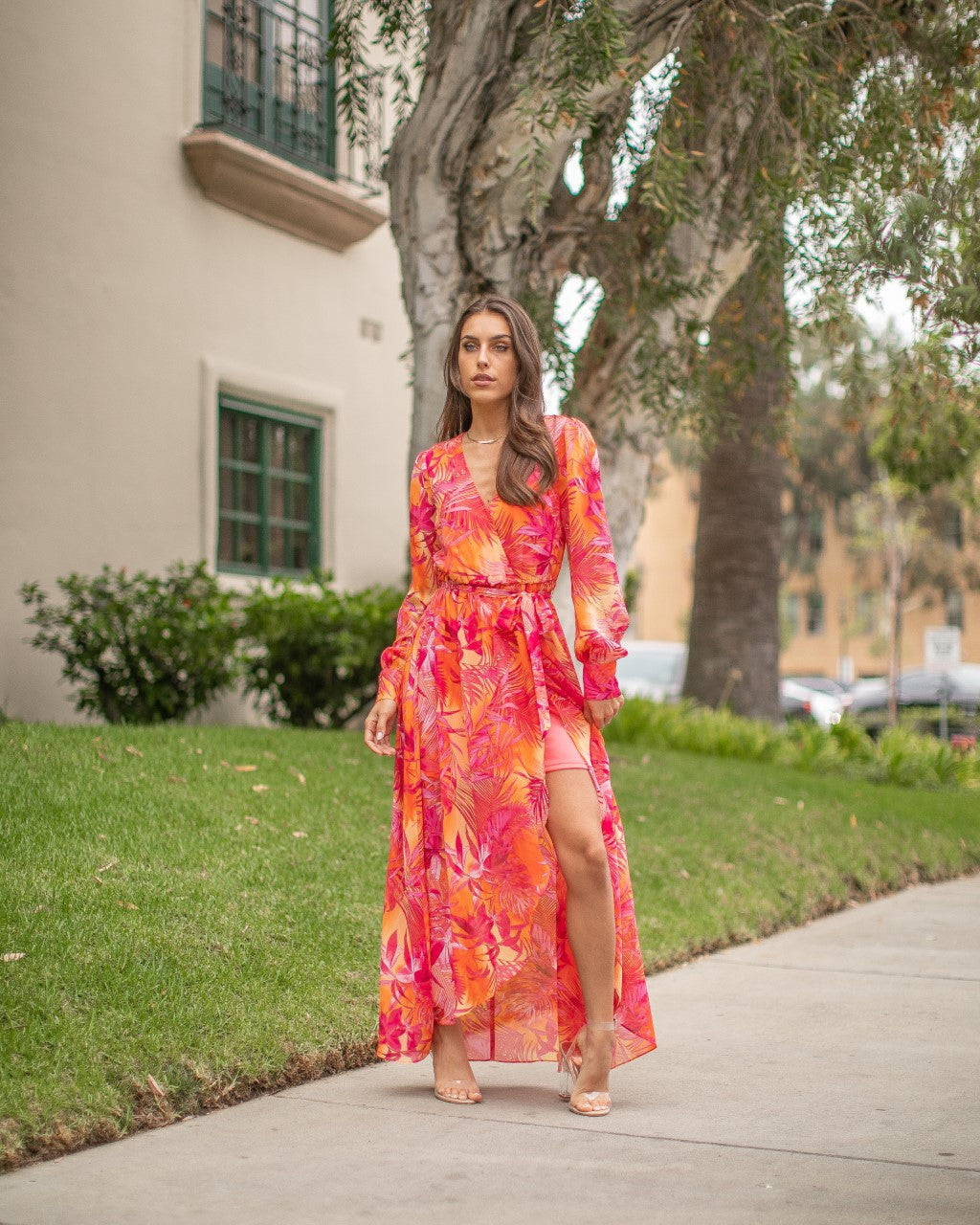 Zoeyla Orange Multi-Color Surplice Maxi Dress