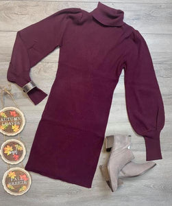 Plum or Black Ribbed Turtleneck Long Sleeve Sweater Dress