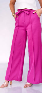 Elaine Olive, Natural, Pink High Waist Belted Wide Leg Pants