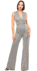 Julie Checkered V Neck Belted Stretchy Jumpsuit