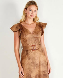 Mocha Stonewash Faux Suede Ruffle Sleeve Dress