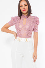 Load image into Gallery viewer, *CLEARANCE* Miranda Mauve or Black Puff Sleeve Lace Keyhole Front Bodysuit