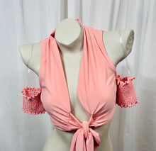 Load image into Gallery viewer, *CLERANCCE* Penny Pink Smocked Short Sleeve Off the Shoulder Open Self Tie Crop Top