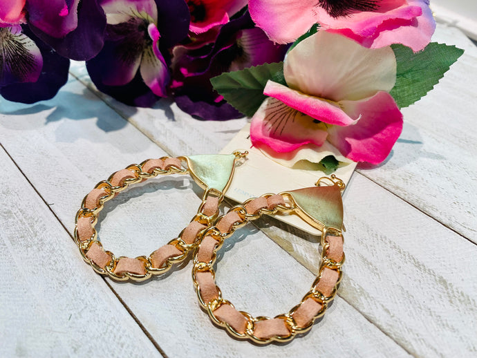 Pink Leather and Gold Post Back Dangle Earrings