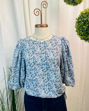 Load image into Gallery viewer, *CLEARANCE* Slate Blue Ditsy Floral 3/4 Round Neck Puffy Sleeve Top