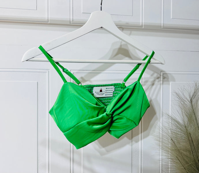 Alisa Lime Green Front Twist Spaghetti Strap Satin Crop