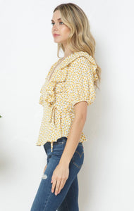 Caroline Yellow or Clay Floral Print Ruffle Detail Top