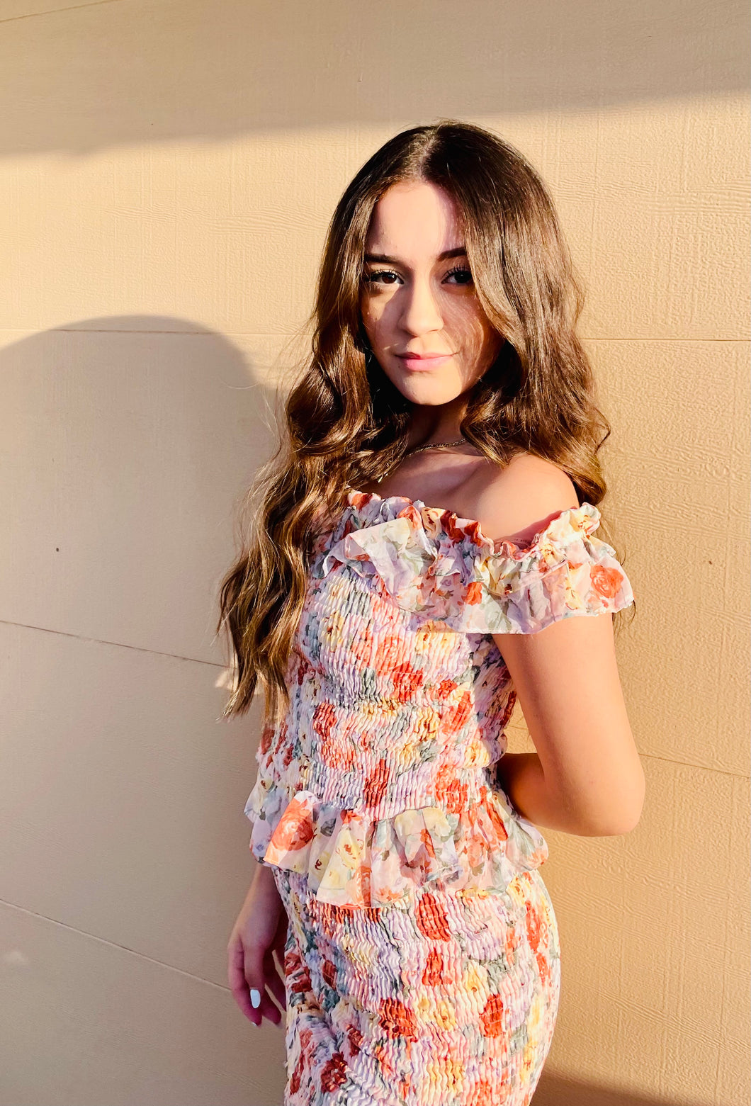 Clearance Peach Floral Print Smocked 2 Piece Skirt Set