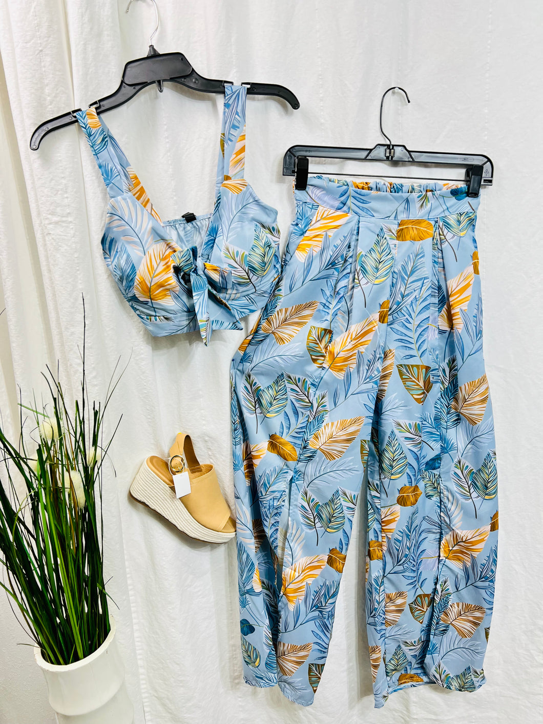 Lia Sky Blue 2 Piece Tropical Floral Print Pant Set