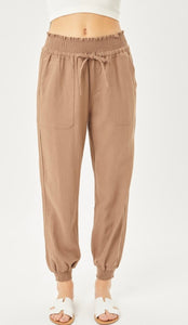 Celia Camel Linen Blend Smocked Waist Pants