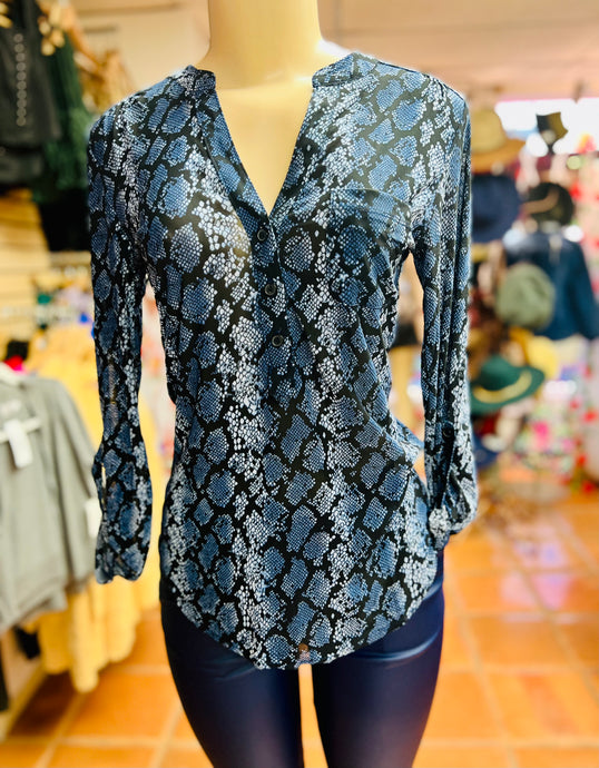 Patricia Blue Snake Print Mesh Top