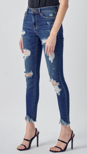 Cameron Medium Wash Mid Rise Distress Frayed Hem Crop Skinny Jeans!