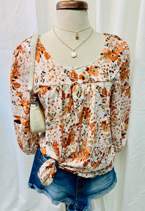 Rust Missy Square Neck Floral Gathered Detail Top