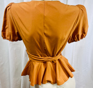 Dorothea Camel V Neck Puff Sleeve Top