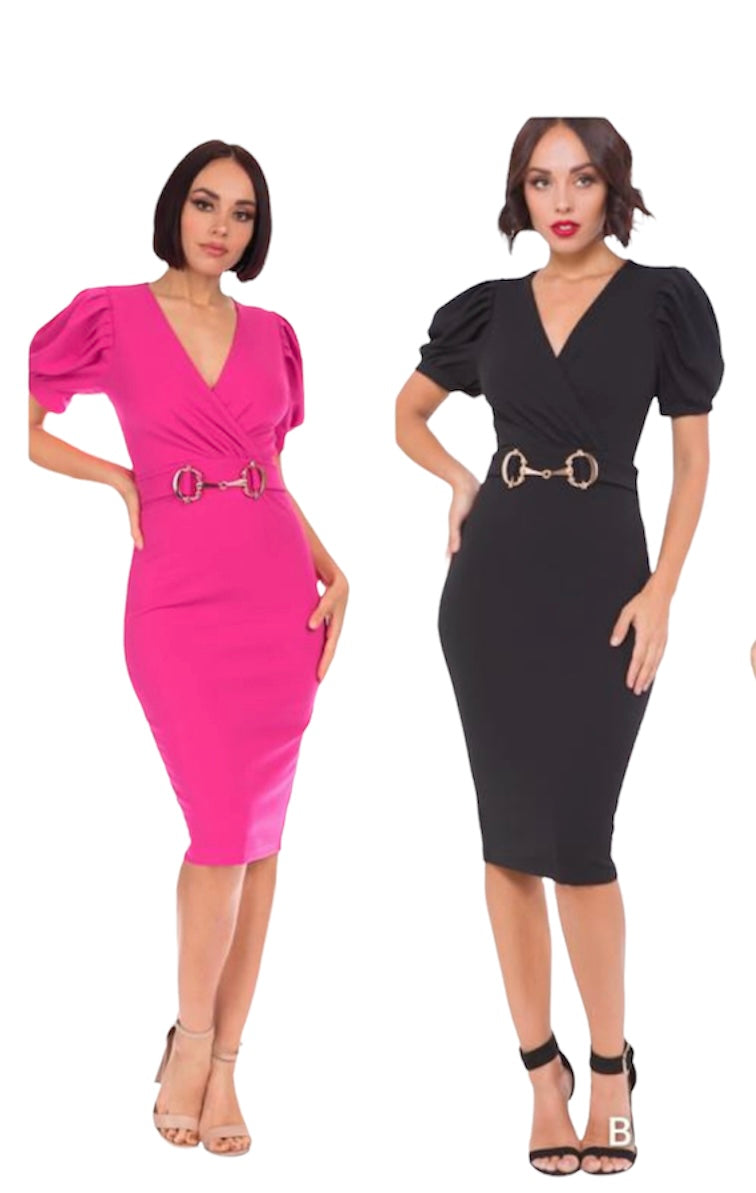 Carolina Hot Pink or Black Onyx Midi Puff Sleeve Dress