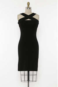 Vivianna Black Stretchy Cross neck Bodycon Dress