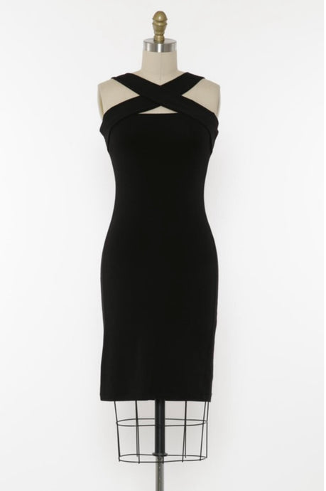 Vivianna Black Stretchy Cross neck Bodycon Dress