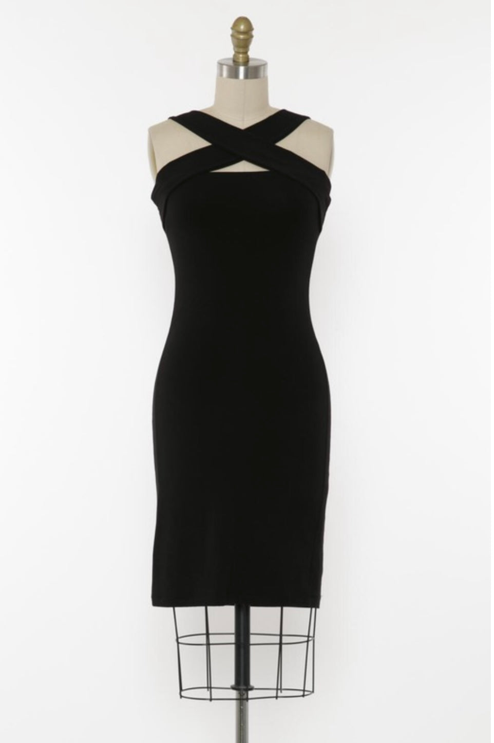 Vivianna Black Stretchy Cross neck Bodycon Dress