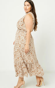 Penelope Brown Plus Size Floral Smock Neck Maxi Dress