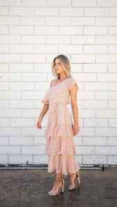 Chelsey Chiffon Polka Dot Ruffled One Shoulder Midi Dress