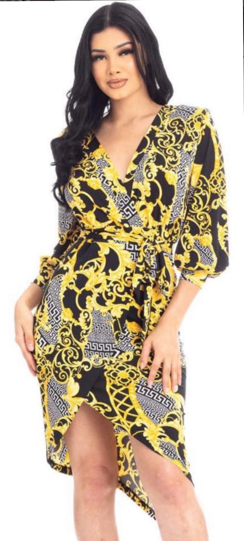 CLEARANCE SOFIA 3/4 Sleeve V Neck Baroque Print Mini Dress – Vianney's  Closet
