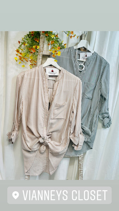 *CLEARANCE* Gabriella Cocoa Or Grey Striped V Neck Roll Up Sleeve Tie Knot Shirt