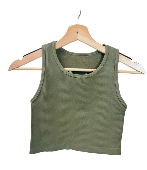 Smoky Olive Ribbed High Neck Cropped Tank Top