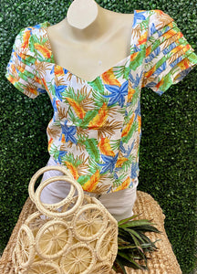 Multicolor Short Sleeve Tropical Print Top