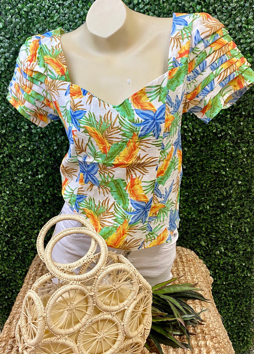 Multicolor Short Sleeve Tropical Print Top