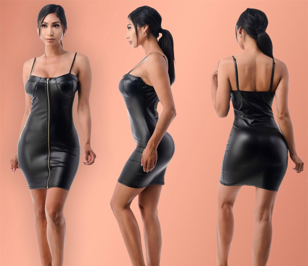 Black Alyssa Zipper Front Faux Leather Dress