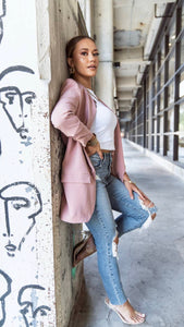 Three Quarter Pink Ruched Sleeve Blazer