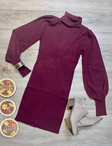 Plum or Black Ribbed Turtleneck Long Sleeve Sweater Dress