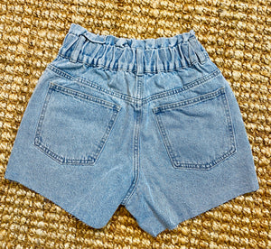 Ingrid Light Denim Distressed Blue Mom Denim Shorts