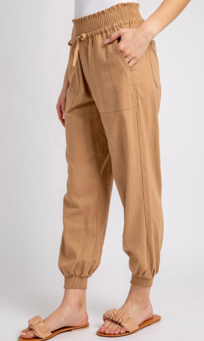 Celia Camel Linen Blend Smocked Waist Pants