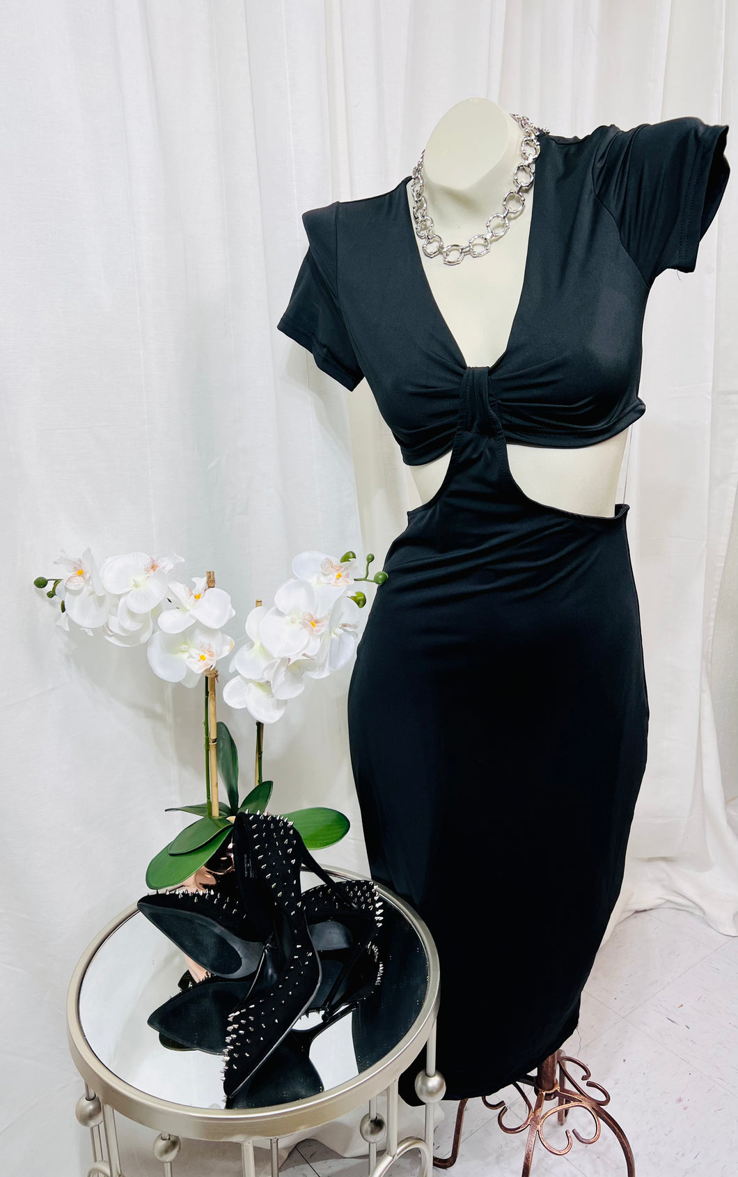 Berenice Black Short Sleeve V Neck Dress w/ Side Cut Out