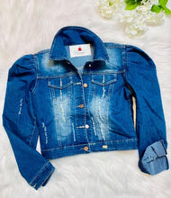 Load image into Gallery viewer, Blue Distressed Puffy Sleeve Jacket