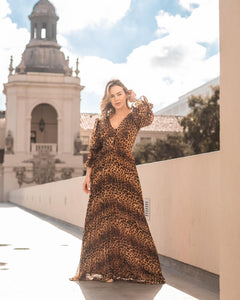 Alinna Animal Print Long Sleeve V Neck Maxi Dress