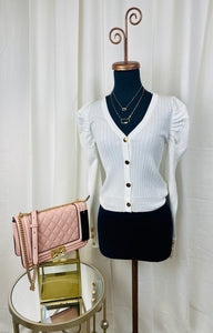 Ivory Button Front Long Sleeve V-Neck Fitted Sweater