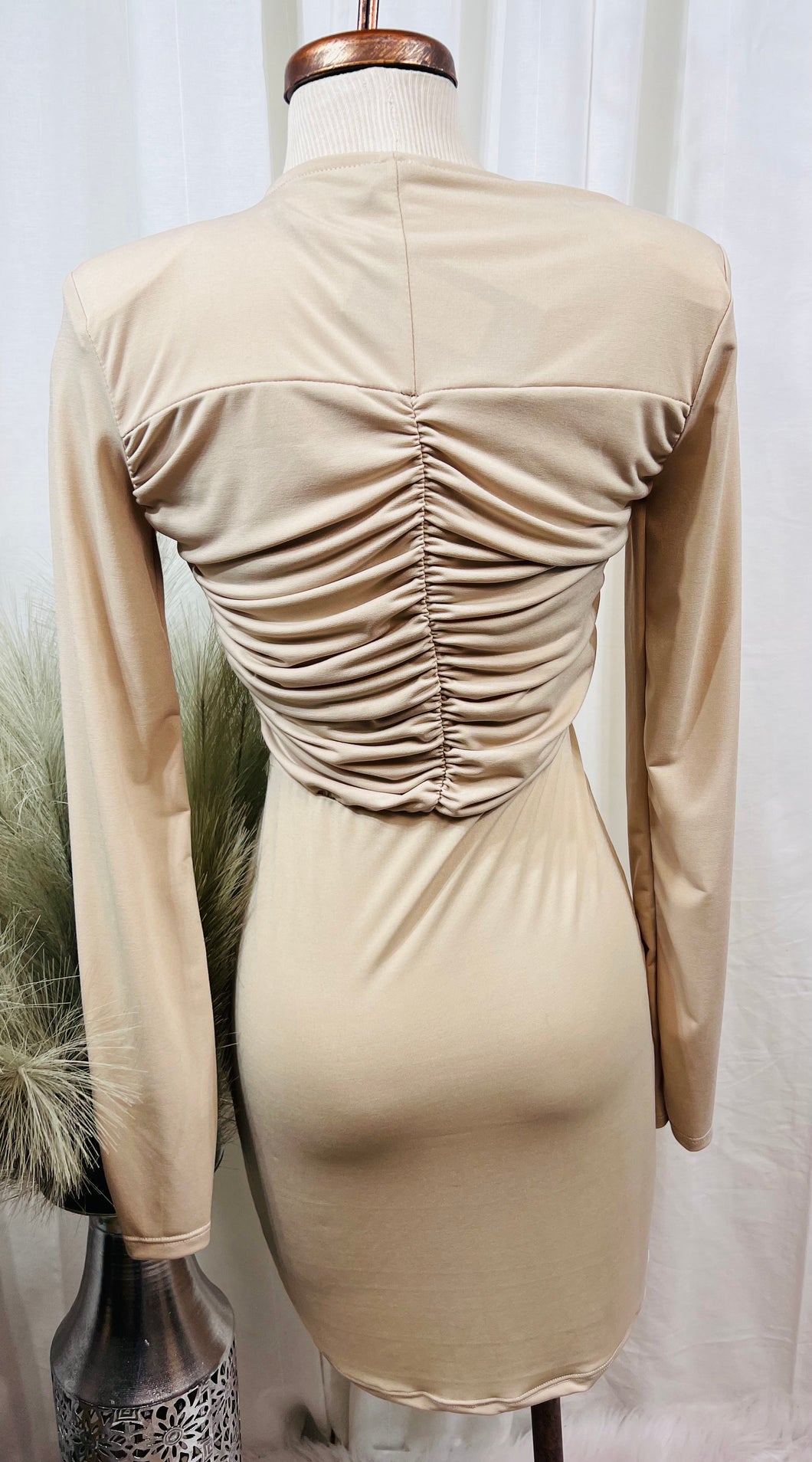 Bella Beige Long Sleeve Dress w/ Round Neckline