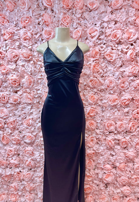 Samantha Black Satin Spaghetti Strap Side Slit Maxi Dress