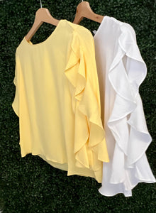 *CLEARANCE* Carmen Yellow or White Ruffled Sleeve Hi-Low Top