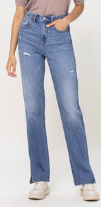 Joselin Medium Blue Denim Straight High-Rise Jean w/ Hem Slit