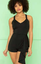 Load image into Gallery viewer, Christie Black Techno Crepe Ruffle Hem Spaghetti Strap Romper