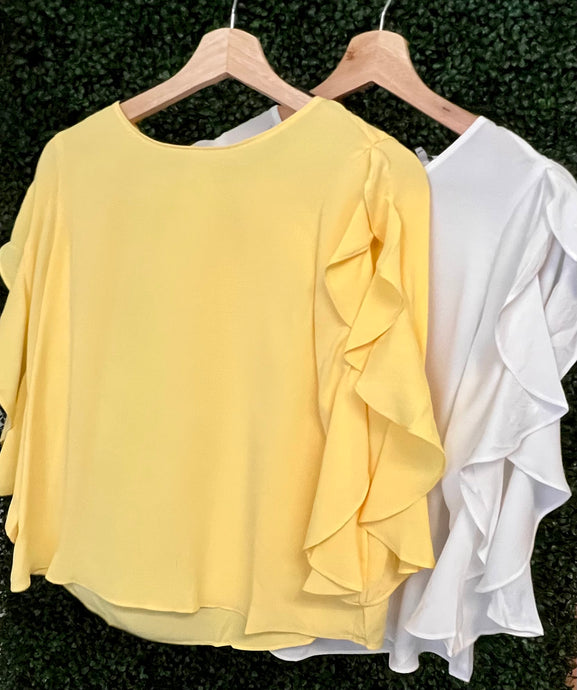 *CLEARANCE* Carmen Yellow or White Ruffled Sleeve Hi-Low Top