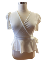 Load image into Gallery viewer, PLUS Puffy Short Sleeve Self Tie Outlined Waist V Neck Top