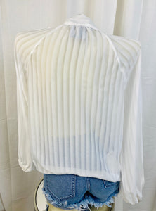 *CLEARANCE* Olivia White Long Sleeve Woven Shadow Striped Side Bow top