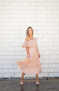 Chelsey Chiffon Polka Dot Ruffled One Shoulder Midi Dress